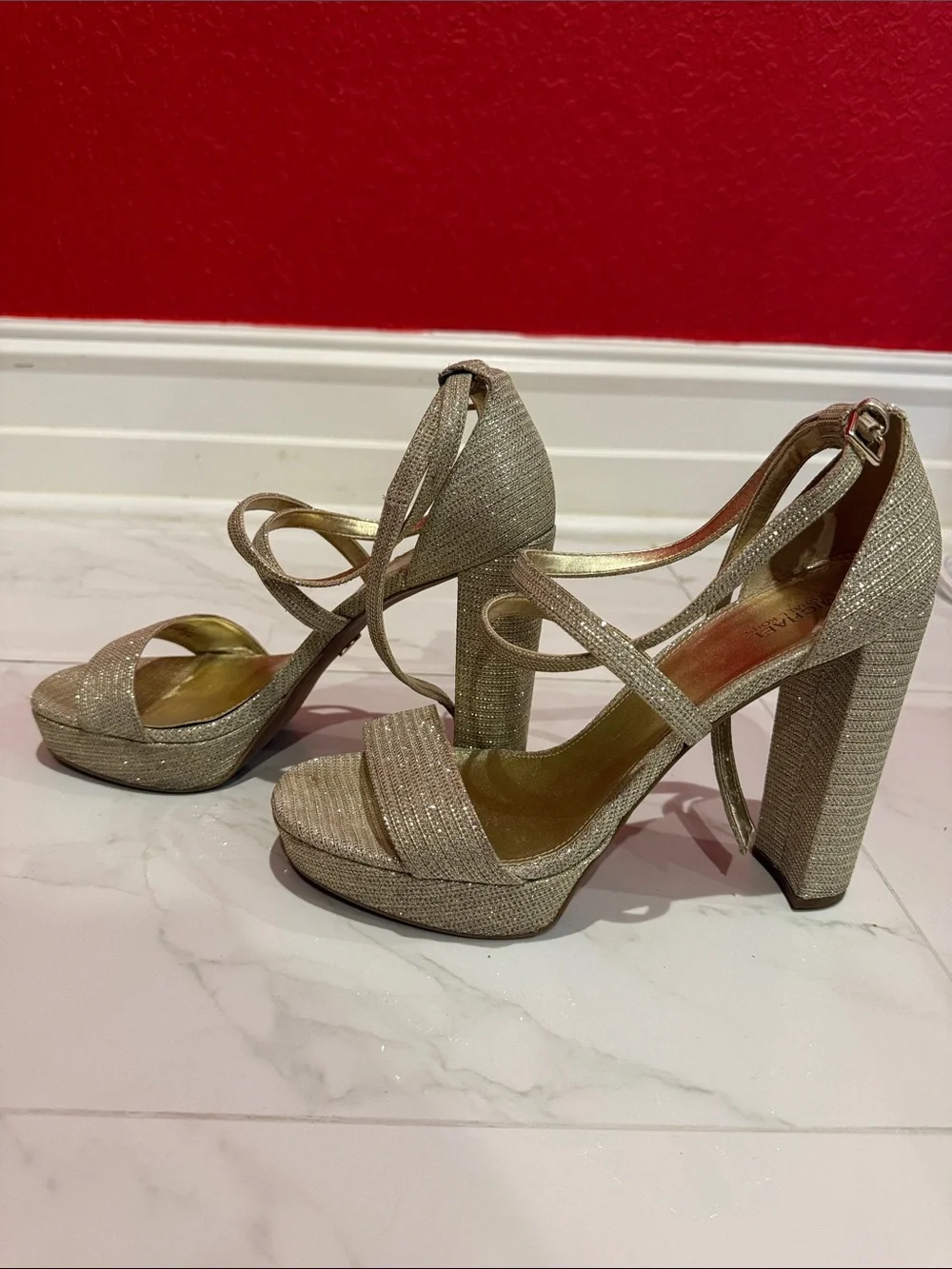MICHAEL Michael Kors Gold Glitter Block Heel Sandals